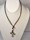 Lily Chartier Pearls Brown Leather Rope Sikver Tone Cross Pearl Necklace