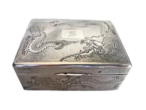 Antique Signed Chinese Sterling Silver Hand Engraved with Dragons Hinged Box. - Picture 1 of 24