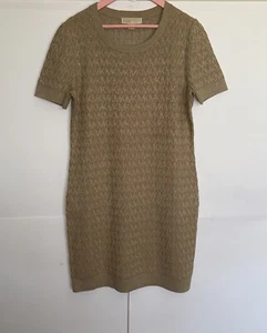 Michael Kors Women Knit Dress Metallic MK Logo All over DarkCamel/Gold SizeL NWT - Picture 1 of 15