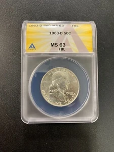 1963 D FRANKLIN HALF DOLLAR ANACS MS-63 FBL - UNCIRCULATED - CERTIFIED SLAB -50C - Picture 1 of 2