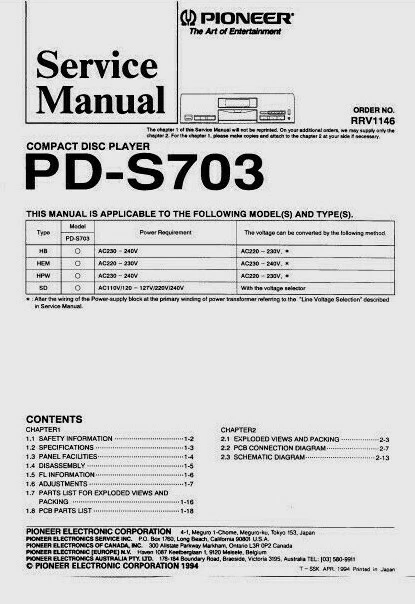 Pioneer PD-S703 -  Stereo Audio Compact Disc CD Player -  SERVICE MANUAL   - Image 1 of 1