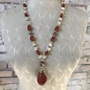Vintage 70's Necklace Orange Carved Stone Faceted Beads Cloisinne 24" length - Picture 1 of 2