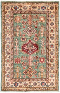 Alfombra oriental súper kazaja 123x83 cm anudada a mano nómada, fina, alfombra, alfombra, verde - Imagen 1 de 12