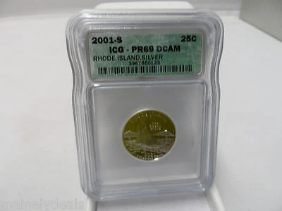 2001 S SILVER 25C RHODE ISLAND PR69 DEEP CAMEO ICG GRADED STATE QUARTER - Image 1 of 2