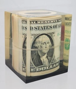 VINTAGE 1969 DOLLAR BILL NOTES LUCITE PAPERWEIGHT THE BANK ROLL - Picture 1 of 7