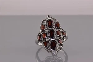 Anillo de plata esterlina rojo ovalado granate agrupado llamativo 925 talla: 10 - Imagen 1 de 8