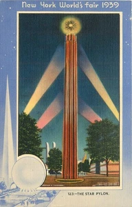 1939 Feria Mundial de Nueva York Star Pylon at night Tarjeta Postal Miller 25-9235 - Imagen 1 de 2