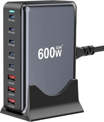 Bloco carregador USB C GaN III Pro rápido 600W, estação de carregamento de 8 portas, duplo 140W PD3.1 - Imagem 1 de 4