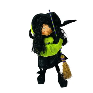 Annalee Halloween Witch Doll Figurine Green Sparkly Black Broom 2009 - Picture 1 of 5