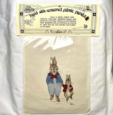 Vintage Hand Silk-Screened Fabric Panel #104 Nina Shaffer Father Rabbit w/Son - Image 1 of 4