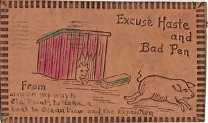 LEATHER Postcard Excuse Haste and Bad Pen pigs and sty 1907 Hampton VA - Picture 1 of 2