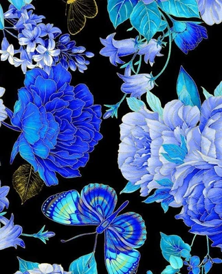 Escapade•Butterfly Floral Metallic, Flower Fabric!100% Cott•1 yd•BTY*Fast Ship! - Image 1 of 4