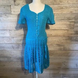 EUC Vintage Handcrafted Crocheted Lined Fit & Flare Blue Dress Size Small - Picture 1 of 8