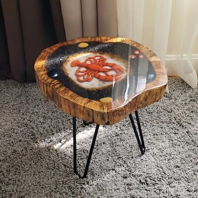 Side Table Live Edge, Natural Edge Side Table, Lobster, Wood Mosaic - Image 1 of 4