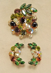 Vintage. BERNSTEIN und GRÜNER STRASS KRISTALL BAUMELN BROSCHE und OHRRINGE / CABOCHONS - Bild 1 von 9