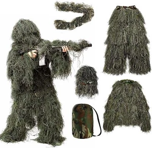 5 in 1 Ghillie Suit 3D Camouflage Hunting Apparel Jacket Pants Hood Carry Bag - Picture 1 of 18