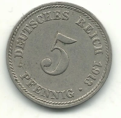 HIGH GRADE XF 1913 D GERMANY 5 PFENNIG COIN-JUN125 - Image 1 of 2