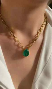 Paperclip Necklace 16'' 4Ct Pear Simulated Green Emerald 14K Yellow Gold Plated - Picture 1 of 6