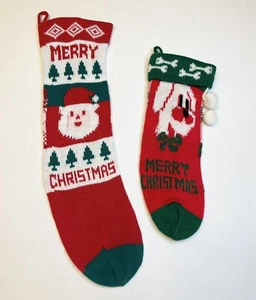 Set Of 2 Vintage Knitted Christmas Stocking Merry Christmas Holiday Santa & Dog - Picture 1 of 5