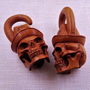 Skull Earrings 8 mm Gauges, Recycled Wood Vintage Stock - Picture 1 of 5