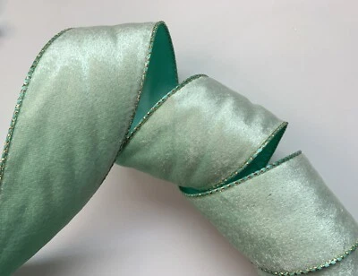 Mint Green Velvet with Satin Back Ribbon, 2.5 In Wide, Wired Edge, 3 YARDS - Image 1 of 4