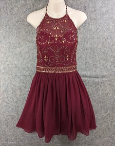 B Darlin Dress Juniors 15 16 Maroon Red Beaded Halter Prom Cocktail Homecoming - Picture 1 of 15