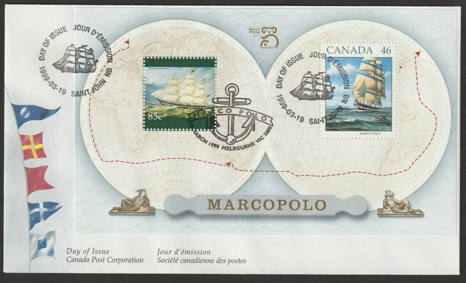 Canadá #1779a, velero Marco Polo, junta S/S con cubierta Australia, FDC 1999 Foto 1 de 1