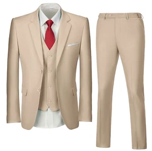 WEHILION Herren Slim Fit Beige 3 Teiler Anzug M 40R 34 Taille 2 Knopf - Bild 1 von 2