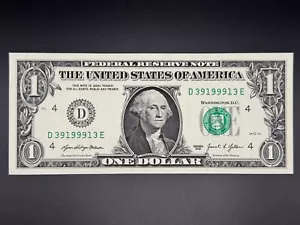 Trinary 1s 3s 9s Fancy Serial Number D39199913E One Dollar Note Crisp UNC - Picture 1 of 2