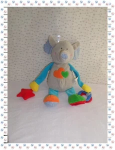 V - Doudou Peluche d'Activités Eléphant Gris Bleu Rouge . Etoile Anneaux Bloomy - Picture 1 of 2