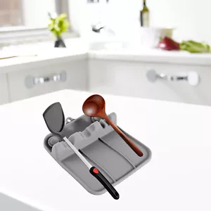 Silicone Spoon Rest RackHeat-Resistant w/ Drip Tray Kitchen Utensil Holder Gray - Picture 1 of 16