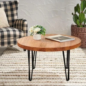 Wooden Coffee Table with Hairpin Legs, Rustic Farmhouse Round Old Elm Wood Side - Picture 1 of 8
