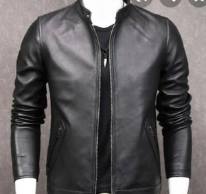 Men's fashion Black Genuine Lambskin Leather Biker Jacket - Picture 1 of 2