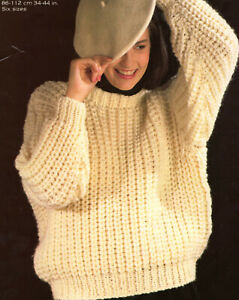Ladies Easy Super Chunky Cosy Fishermans Rib Sweater Knitting Pattern 34-44 inch