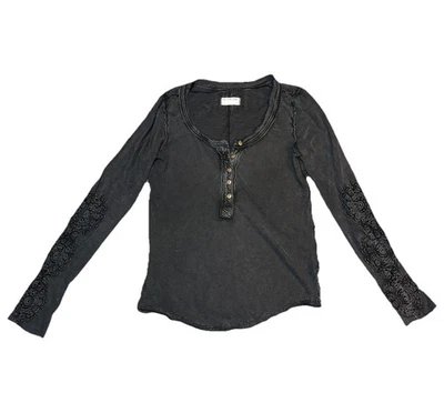 Free People Our Song Henley Cuff Long-Sleeve Shirt XL Washed Black - Image 1 of 4