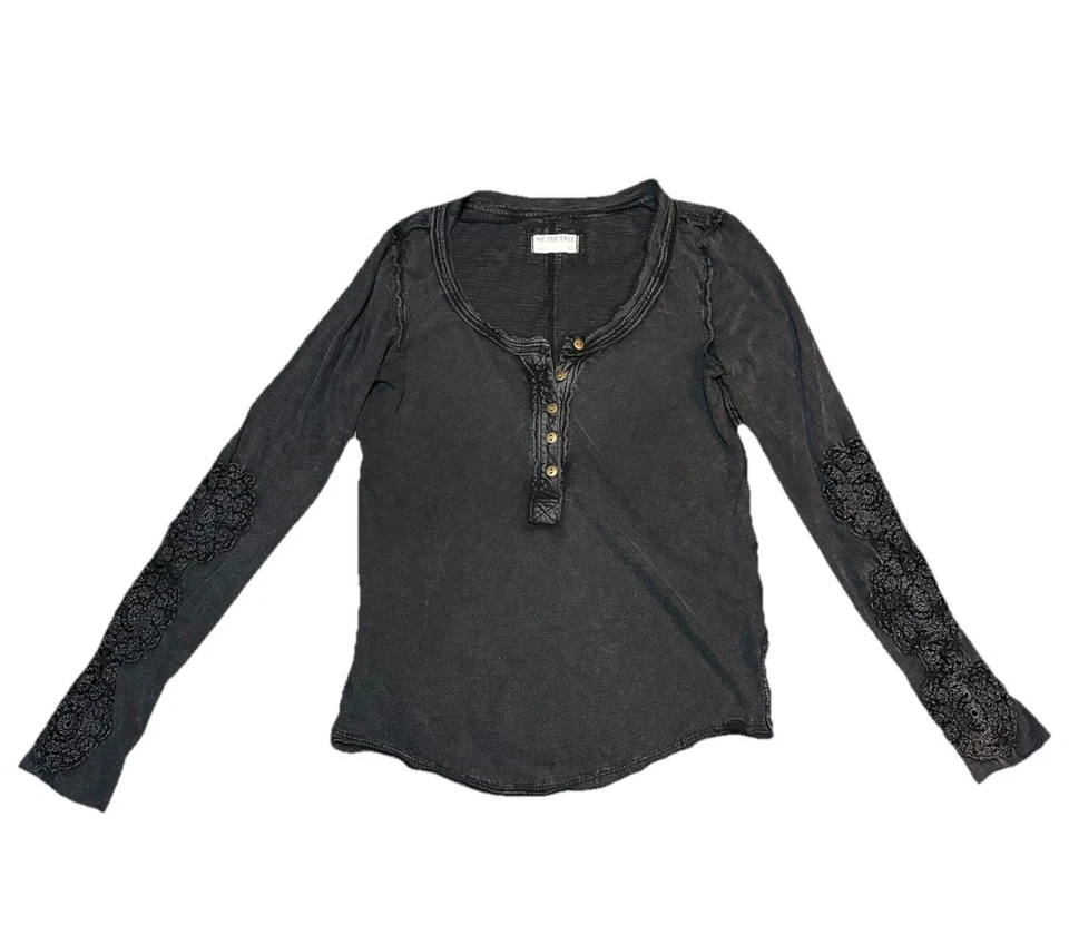Free People Our Song Henley Cuff Long-Sleeve Shirt XL Washed Black - Image 1 of 4