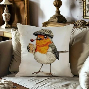 Robin With Flat Cap & Pipe Cushion Cover Only Funny Vintage Pillowcase - Picture 1 of 3