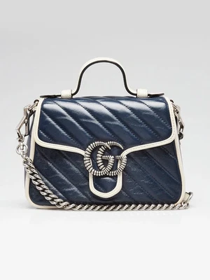Bolsa tiracolo Gucci azul/branco acolchoada couro Marmont mini tocha alça superior - Imagem 1 de 4