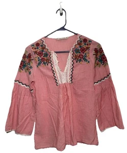 ZARA Red Striped Floral Embroidered Shirt Blouse Top Women’s Small Bell Sleeve - Picture 1 of 11
