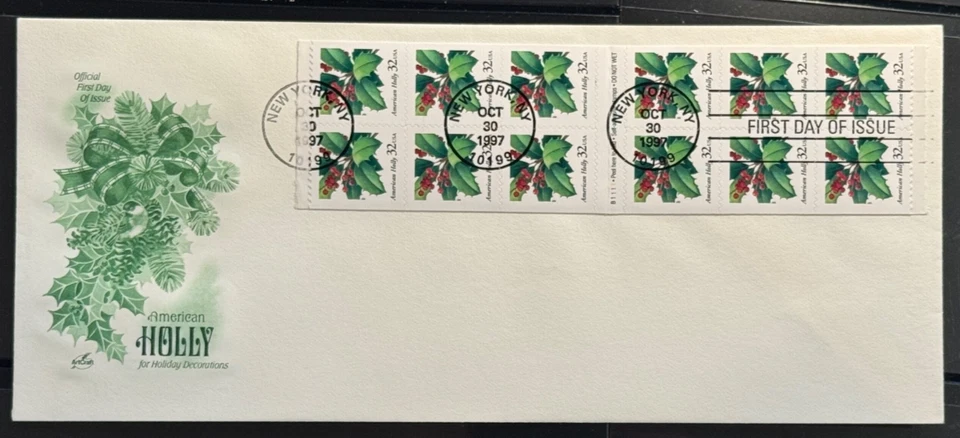 3177 ArtCraft  from BOOKLET PANE/20 PARTIAL, American Holly -  on single FDC - Image 1 of 1