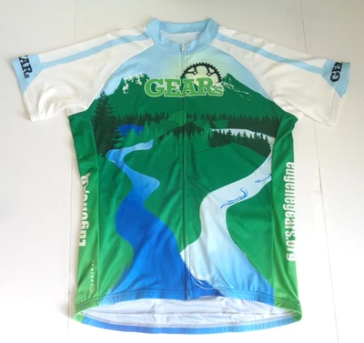 Primal Cycling Jersey XXL Gears Eugene Oregon Blue Green Short Sleeve Full Zip - Image 1 of 4