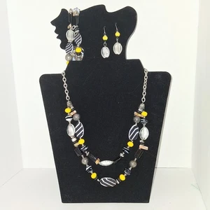 Black and Yellow Bead Double Strand Necklace, Bracelet, and Dangle Earring Set - Picture 1 of 7