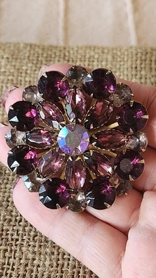 Vintage Brooch With Purple & Aurora Borealis Rhinestones Measures 2.10"  - Image 1 of 4