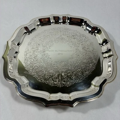 Vtg Wm Rogers Silver Plate 12" Round Footed Tray 1970 El Caballeros Horse Trophy - Image 1 of 4