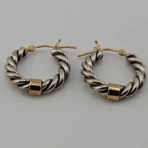 10K Gold & Sterling Silver Two-Tone Twisted Rope Hoop Earrings 3/4" Made in Ital - Picture 1 of 7