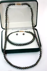 14k Gold RTI Genuine Black Freshwater Pearl Set Necklace, Bracelet & Earrings - Picture 1 of 12