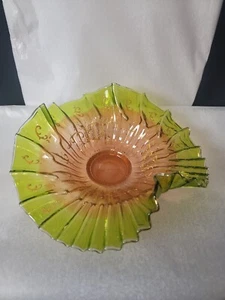 Antique Victorian Glass Neon Yellow/Pink Enameled Ruffled Brides Bowl - Picture 1 of 11