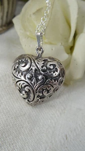 Vintage Art Nouveau Style Repousse 925 Sterling Silver Puffy Heart Pendant - Picture 1 of 14