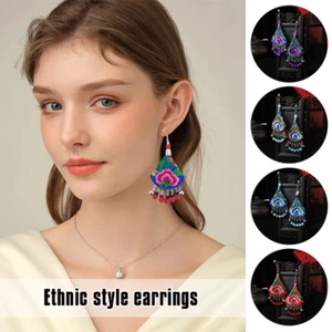 Bohemian Women's Handmade Embroidered Flower Beaded Drop Earrings Ethnic Jewelry - Picture 1 of 13