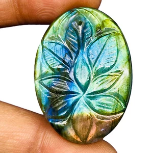 55.00 Cts Natural Carved Labradorit​e 38x27mm Oval Flashy Pendant Size Gemstone - Picture 1 of 8